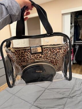 bebe Clear Travel Bag with Leopard Makeup Pouch & Black Coin Pouch